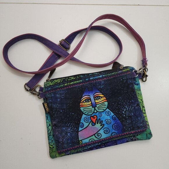 Laurel Burch Handbags - Laurel Burch "Wishing Love Cat" Canvas Crossbody Purse Blue and Green